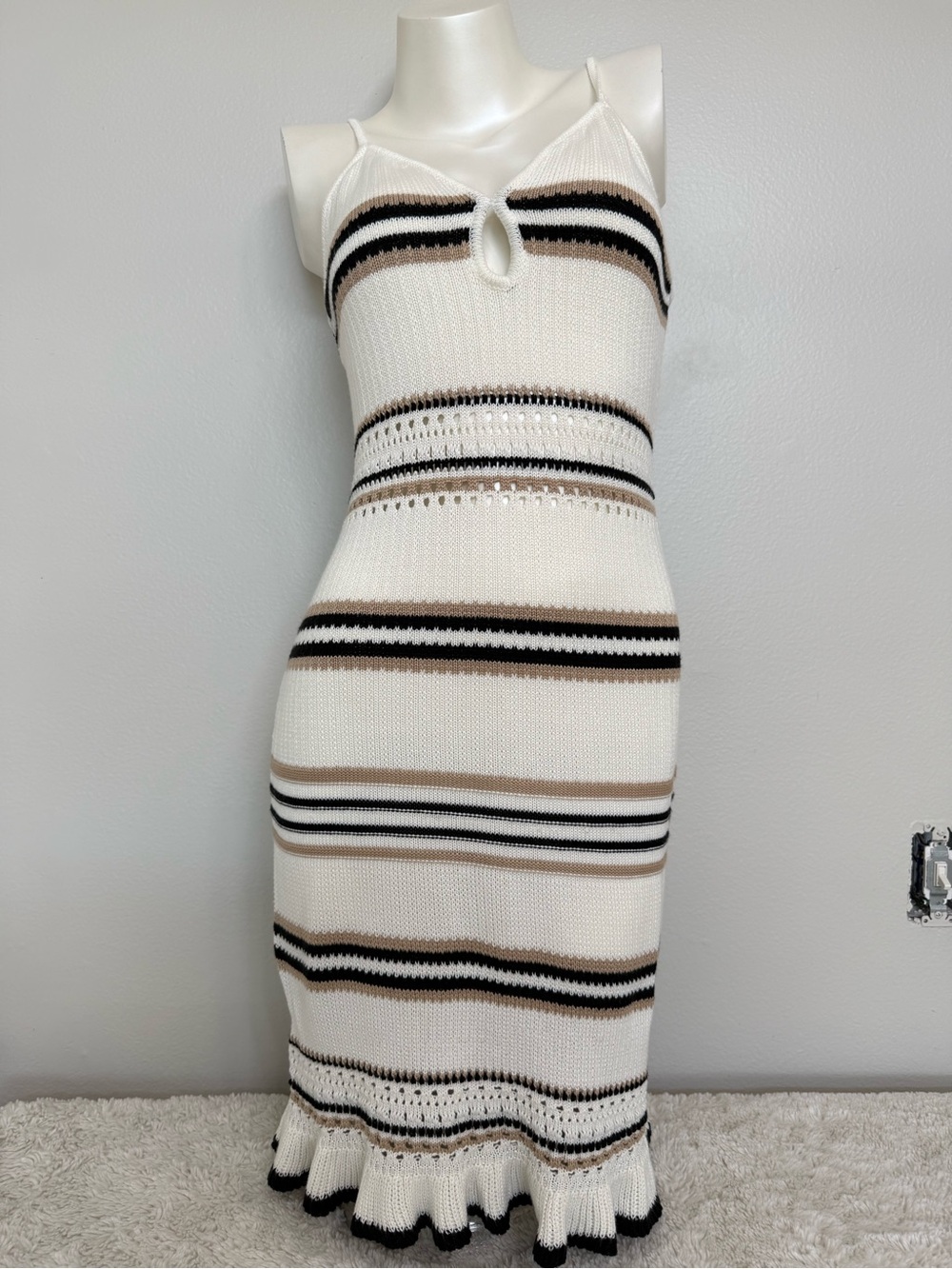 Cream Striped Knit Midi Dress with Keyhole Detail